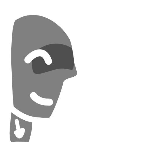 A grey head seen from the side has arrows and spirals and swishy lines leading up to, and below its nose and in front of its mouth, on its neck is another arrow pointing down. The image has white line art.